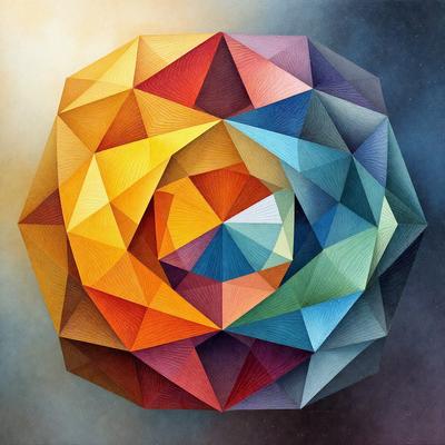 The primary subject of the image is a colorful geometric pattern, which appears to be a painting or a digital artwork. The setting is a blue background, which contrasts with the vibrant colors of the pattern. The visual style suggests that the image is a creative and artistic representation of a geometric shape. The dominant colors in the image are yellow, orange, blue, and green, creating a lively and energetic atmosphere.